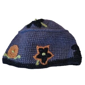 Tabask Wool Knit Blue Crochet Floral Beanie Winter Hat Boho Cottage Grandma
